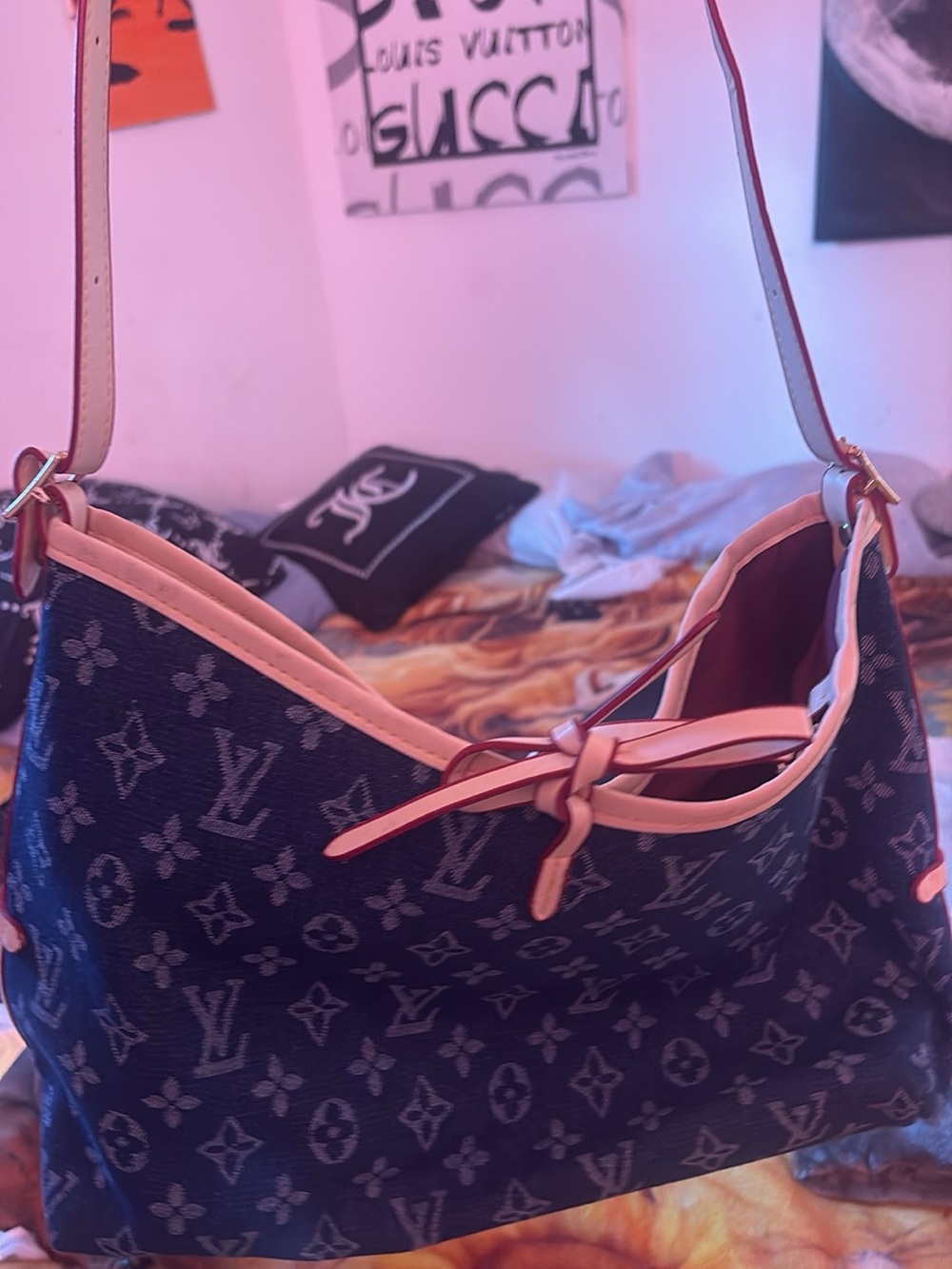 Blue Monogram Denim Shoulder Bag with Pink Trim